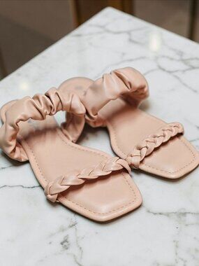 Nude Braided Strap Flat Sandals With Padded Scrunch Detail & Square Toe Design